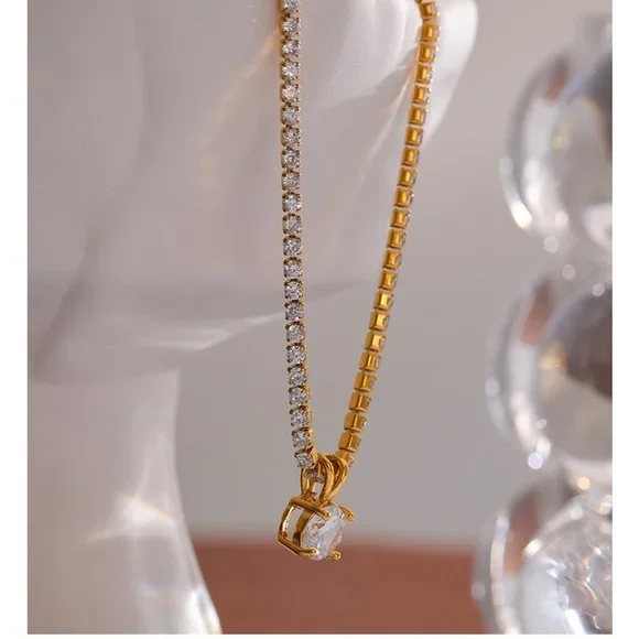 ^NEW 18K Gold Plated 2CT Solitaire Diamond Round Diamond Chain Necklace - Picture 7 of 8